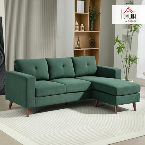 HOMCOM Sectional Sofa with Changeable Chaise Lounge, 3 Seat L-Shaped Sofa with Spring Cushion, Steel Frame, Corduroy Upholstered Couch for Living Room, Small Space, Dark Green
