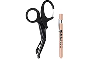 MOVOCA Pen Light for Nurses & Medical Scissors, LED Penlights with Pupil Gauge, 7.5" Bandage Scissors EMT Shears with Carabiner for Doctor, Nurses, Nursing Students (Black Shears+Rose Gold Penlight)