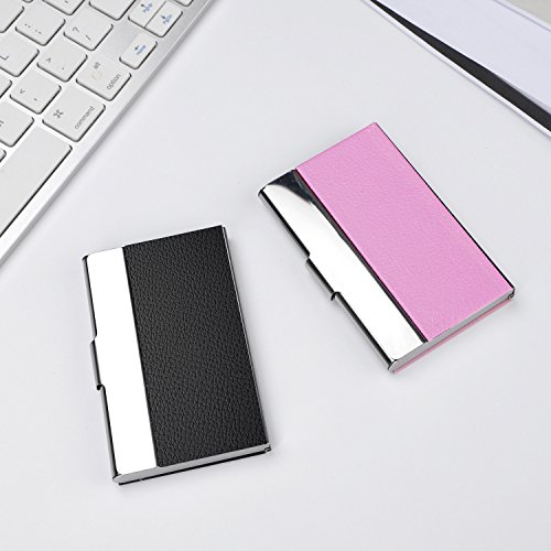 Business Card Holder Case, AHGXG Professional Slim Name Card Case Credit Card ID Holder/Case PU Leather&Stainless Steel Metal Wallets For Men&Women, Keep 20 Business Cards, Pink - Thumbnail 6
