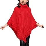 Luodemiss Girls Fall High Neck Knitted Poncho Tassel Draped Cloak Cape Sweater Soft Irregular Hem Top