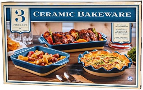 Ceramic Bakeware 3-Piece Set - Square Baker, Pie Plate, Rectangular Baker (Blue)