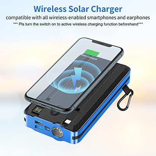 Portable Charger with Builtin Cables 30000mAh Wireless Solar Power