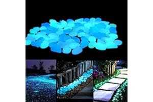 Unime Glow in The Dark Garden Pebbles Stones for Yard and Walkways Decor, DIY Decorative Luminous Stones in Blue (100 PCS)