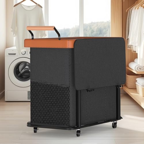 3 Section Laundry Hamper with Lid, 230L High Capacity Laundry Basket Sorter Cart with 4 Wheels, Leather Patchwork Handle for Towel, Cloth Organization