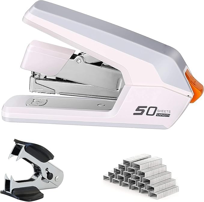 Deli Effortless Desktop Stapler, 40-50 Sheet Capacity, One Finger Touch Stapling, Easy to Load Ergonomic Heavy Duty Stapler, Includes 1500 Staples and Staple Remover(white,40-50 Sheet)