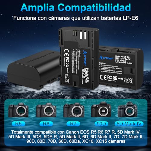Artman LP-E6N LP-E6 Batería 3-Pack 2750mAh y Cargador LCD de 3 Ranuras para Canon EOS R R5 R6 R7 R5 C, R6 Mark II, EOS 5D Mark II III IV, 5D SR, 6D Mark II 7D Mark II, 6D 7D 90D 80D 70D 60D, XC10 XC15