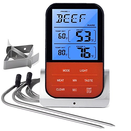 Wireless Remote Digital Cooking Food Meat Thermometer, Instant Read Large LCD Thermometer with Clock Timer and Dual Stainless Steel Long Food Grade Probe for Smoker Oven Kitchen BBQ Grill