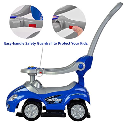 ChromeWheels 3 in 1 Ride on Toys Pushing Car with Guardrail,Mega Car for Toddler Wagon Handle Stroller,Color Blue