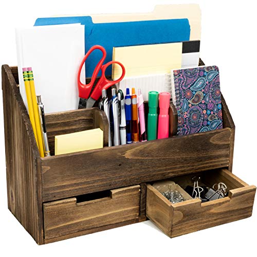 Rustic Wood Office Desk Organizer: Includes 6 Compartments and 2 Drawers to Organize Desk Accessories, Mail, Pens, Notebooks, Folders, Pencils and Office Supplies (Dark Brown)