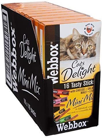 Webbox Cat Delight Treat Sticks Mini Mix Assorted Chews Healthy Natural Pet Food Snack for Kitten Wellness 16 Dry Sticks (Pack of 10)