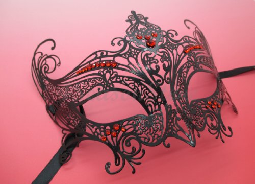 Black Queen Laser Cut Venetian Halloween Masquerade Mask Costume Inspire Design - Black w/ RED Rhinestones