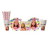 Amscan Barbie Sparkle Party Supplies Pack for 16 Guests: Straws, Dessert Plates, Beverage Napkins, and Cups