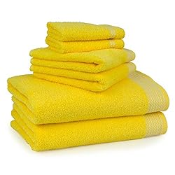 See Bath Towel Set 6 Piece 100% Ringspun US Cotton, Chevron Zig-Zag Citrus Lemon Yellow Details