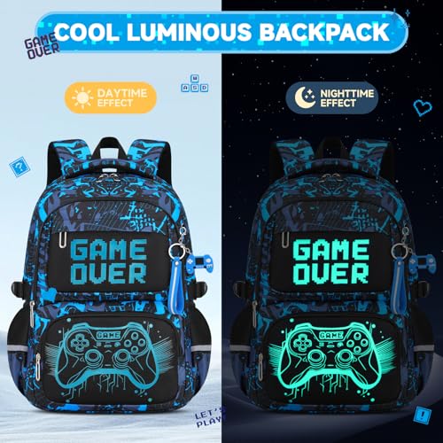 Amythe Boys Bright Backpack, Primary School Bag Teenager Waterproof Durable School Bag with Reflective Strips Large Capacity for Travel, Blue
