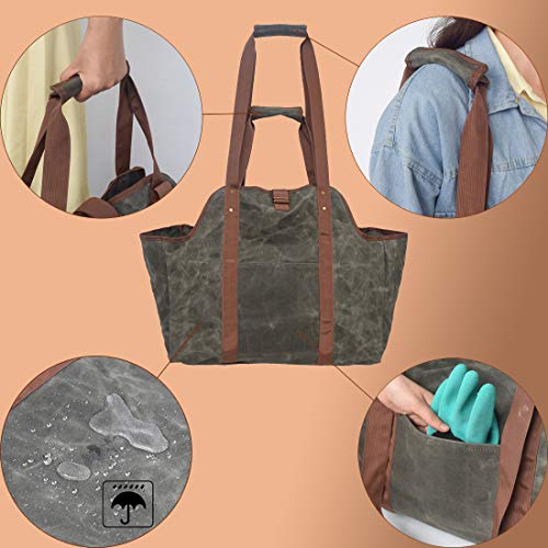 GERYMU Firewood Carrier Canvas Tote Bag with Pocket, Fireplace Tools Wood Rack Waterproof, Fire Pit Log Accessories Double Handle (Dark Green)