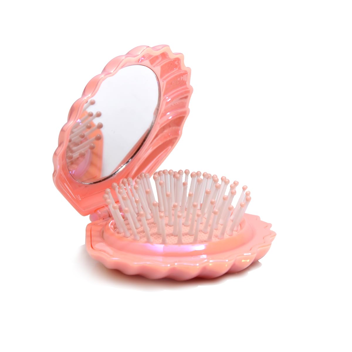 Metallic Shinning Finish Foldable Travel Hair Brushes with Mirror Shell Shape Portable Folding Pocket Hair Brush Mini Hair Comb Compact Size Hair Massage Comb (Pink)