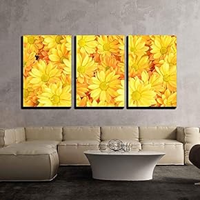 3 Piece Canvas Wall Art - Yellow Chrysanthemum Flowers Background - Modern Home Art Stretched and Framed Ready to Hang - 16"x24"x3 Panels