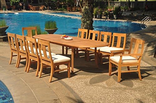 WholesaleTeakFurniture Grade-A Teak Wood 10 Seater 11 Pc Dining Set: 118" Double Extension Oval Table And 10 Osborne Chairs (2 Arm &amp; 8 Armless Chairs) #WFDSOS1e