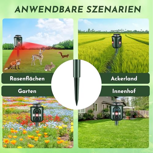 Ultrasonic Solar Cat Deterrent, 360 Degree Cat Deterrent for Garden, 5 Modes, Adjustable Marten Deterrent, Animal Repellent, 10 m Mader Repellent for Marten Cats Raccoon Dogs Birds Mice