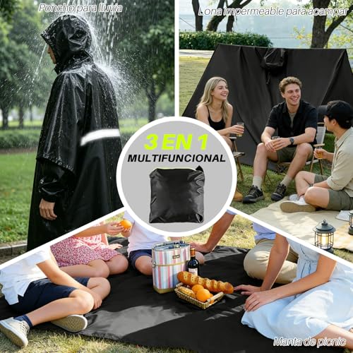 ZQSQD 3 en 1 Impermeable para Lluvia Hombres y Mujeres, Poncho de Lluvia Reflectante con Capucha, Chubasquero con Bolsillos con Cremallera, Adecuado para Senderismo, Acampada y Ciclismo