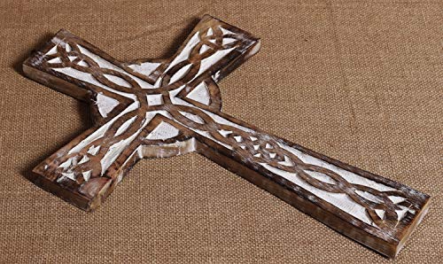 The StoreKing Wooden Wall Cross Plaque 15" Long Hanging with Hand Carvings Religious Altar Home Living Room Decor