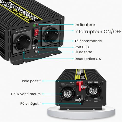 NOVOPAL 3000W Pure Sine Converter 12V 220V 230V Inverter Transformer, 2 EU AC Sockets, 1USB, 5M Remote Control, Suitable for Trucks, Camping, Travel, Cars, Peak Power 6000W