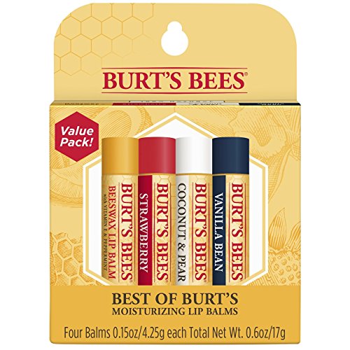 Burt's Bees 100% Natural Moisturizing Lip Balm, Multipack - Original Beeswax, Strawberry, Coconut & Pear and Vanilla Bean with Beeswax & Fruit Extracts - 4 Tubes