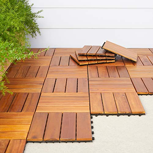 VIFAH V488 Interlocking Acacia Plantation Hardwood Deck Tile 4-Slat Style, 10-Pack, Teak Finish, 12 by 12 by 1-Inch