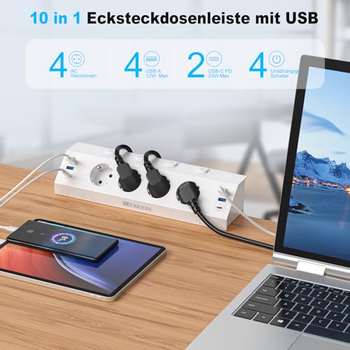 Tischsteckdose mit USB, 4 Fach Steckdosenleiste Schreibtisch mit Einzeln Schalter, 10-in-1 Ecksteckdose mit 4 USB A & 2 USB C (PD 20W) mit 2M Kabel, Überspannungsschutz Steckdose Tisch für Büro, Weiß