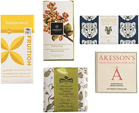 Gourmet White Chocolate Bar Bundle- Includes bars from Akesson’s, Amedei, Fruition, Omnom and Rozsavolgyi (5 items)