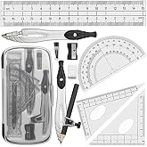 Akuoly Professional Geometry Compass Set, Starter Compass Set Includes 2 Drafting Compasses, Protractor, 2 Set Squares, Ruler in Storage Box, Back-to-School Math Supplies for Students, Black