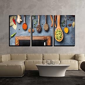 3 Piece Canvas Wall Art - Various Spices Like Turmeric, Cardamom, Chili, Ginger, Star Anise and Cinnamon - Modern Home Art Stretched and Framed Ready to Hang - 16"x24"x3 Panels