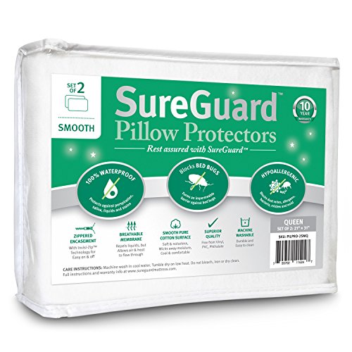 Set of 2 Smooth SureGuard Pillow Protectors - 100% Waterproof, Bed Bug Proof, Hypoallergenic - Premium Zippered Cotton Covers - 10 Year Warranty - Queen Size