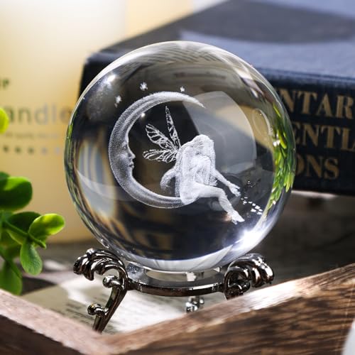 FUTUREPLUSX Crystal Ball with Stand, 3D Laser Crystal Ball Moon Fairy Glass Sphere for Birthady Gift Home Weeding Decor Crafts