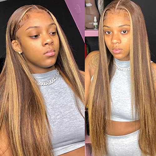 BLY Ombre Highlight Straight Lace Front Wigs Human Hair 4/27 Brown to