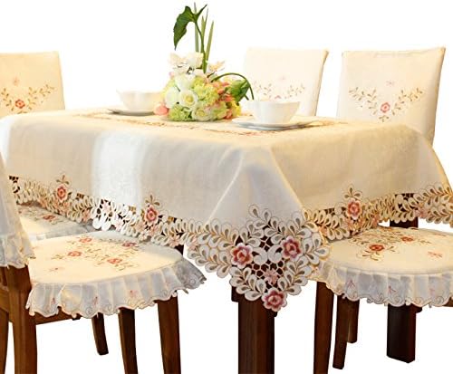 Damask pink flower embroidered beige floral tablecloth square 110cm x 110cm 43 inch approx
