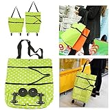 Dealpeak Lightweight Portable Foldable Dot Print Traveling Shopping Trolley Cart Handbag with Wheels (Green with White Dots)
