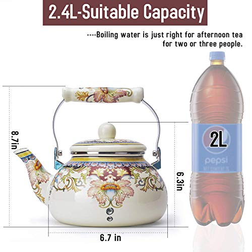 Floral Ceramic Enamel Teapot Tea Kettle for Stovetop,Large Porcelain