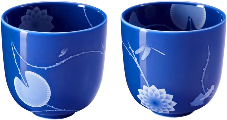 ZENS Japanese Tea Cup 8 oz,Bone China Blue and White Tea Cups Set of 2,Ceramic Tea Mugs without Handles