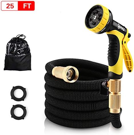 PHZ 25ft Garden Hose - Expandable Water Hose Double Latex Core- 3/4" Solid Brass Fittings, Extra Strength Fabric- Flexible Expanding Hose 10 Function Spray Nozzle (25)