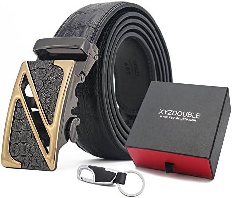 XYZDOUBLE Men's Leather Belt Sliding Buckle Black Automatic Ratchet with Gift Box-35mm Wide