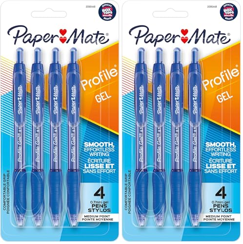 Paper Mate Profile Retractable Gel Pen, 0.7mm Medium Point, Blue Ink, 4 Count (…