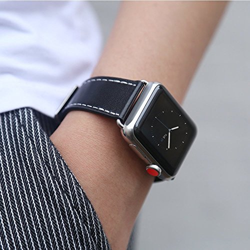 Compatible Apple Watch Band 38mm, Marge Plus Genuine Leather iwatch Band Replacement Strap Stainless Metal Clasp Apple Watch Series 3 Series 2 Series 1 Sport Edition - Black - Thumbnail 6