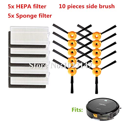 10x Robot Side Brush +5X HEPA Filter + 5X Sponge Filters for Conga Excellence 990 Robotic Vacuum Cleaner Parts Accessory