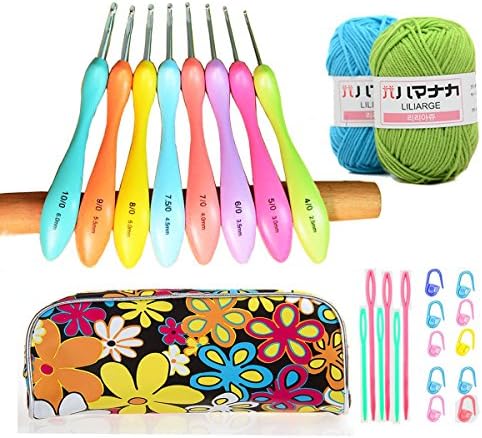 Ergonomic Crochet Hooks Set,Comfort Grip Crochet Needles,Larger Grip Handles Crochet Hook Kit With Cute Case and 2 Skeins Yarn,Sewing Needles,Stitch Markers