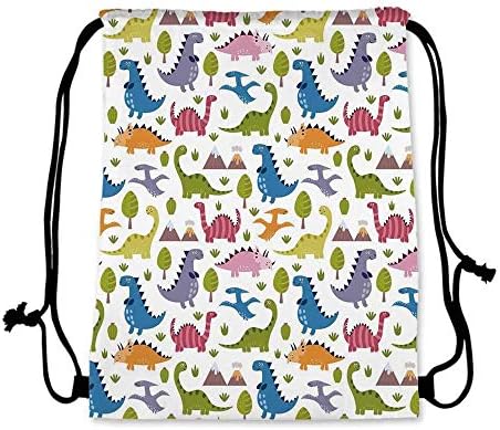 SKAAZX Kids Practical Drawstring Bag,Cartoon Style Colorful Lovely Dinosaurs T Rex Triceratops Prehistoric Reptile Wildlife Decorative for Women