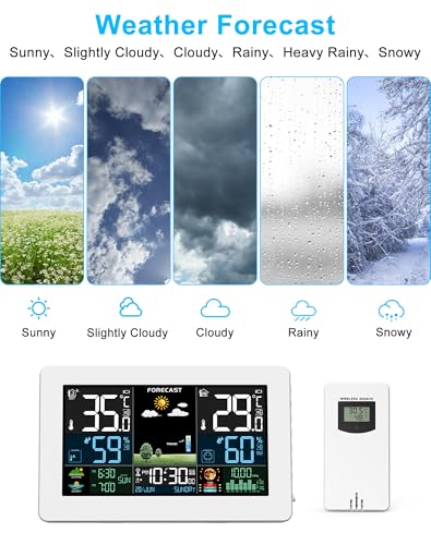 Indoor and Outdoor Weather Station with Color Display, Weather Forecast, Temperature, Humidity, LCD Alarm Clock with Repeat Function and Air Pressure