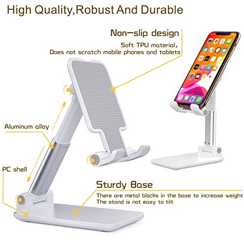 OHYGGE Adjustable Cell Phone Stand, Foldable Cell Phone Holder, Portable Desktop Tablet Stand, Compatible with iPhone/iPad/Kindle/Mobile Phone/Tablet, White
