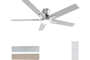 Sevenine 52 Inch Brushed Nickel Flush Mount Ceiling Fans with Lights and Remote, Low Profile Nickel Ceiling Fans for Bedroom Living Room Patio Porch, Quiet 6 Speed Reversible DC Motor, 3CCT, Dimmable