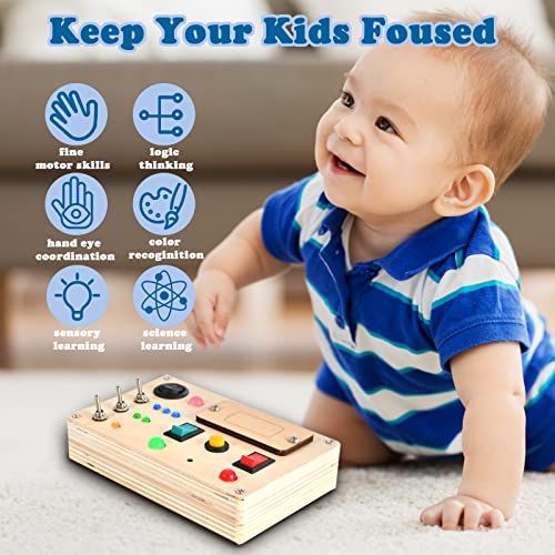 LED Light Switch Busy Board Montessori Toy with Button for Kids, Wooden